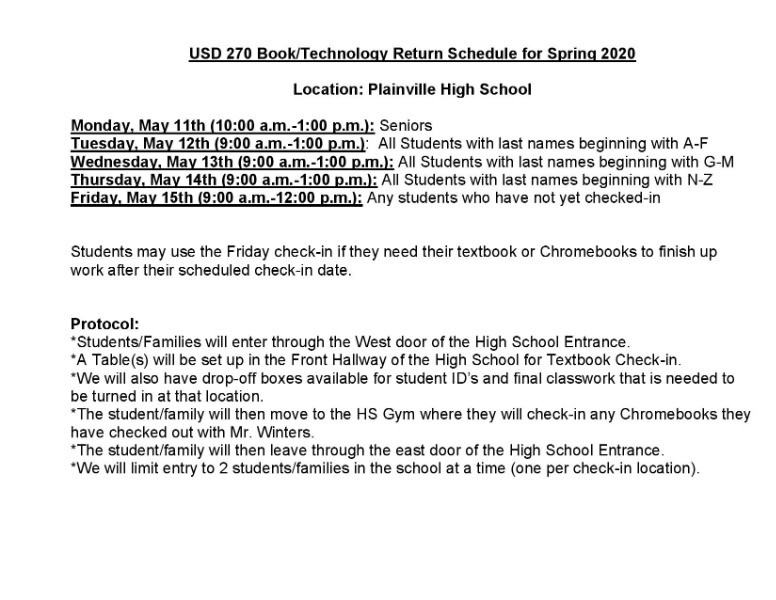 Plainville USD 270 USD 270 Spring 2020 check In Schedule.
